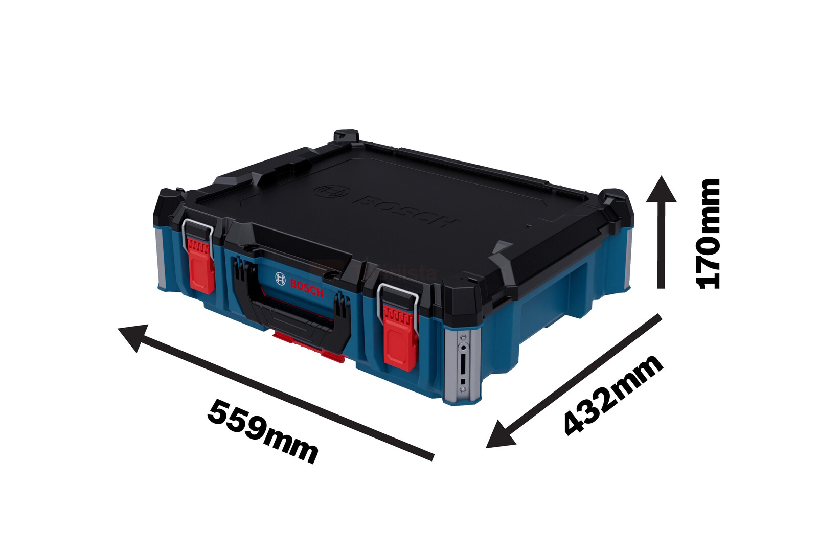 Pildil on Bosch tööriistakohver L-BOXX Contractor, mille mõõtmed on 432 x 559 x 170 mm.